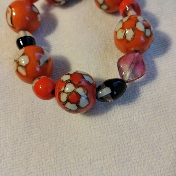 Millefiori Murano 7” Bracelet Glass LARGE Beads Orange Floral Stretch Bohemian - Picture 11 of 12